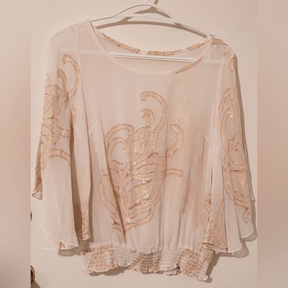 Sheer White & Gold Embroidered Boho Blouse Bell Sleeve Top Small